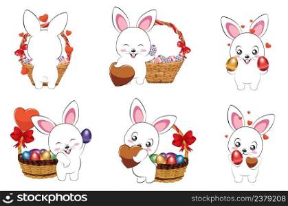 Cute cartoon white bunny, rabbit set with colorful Easter eggs illustration.
