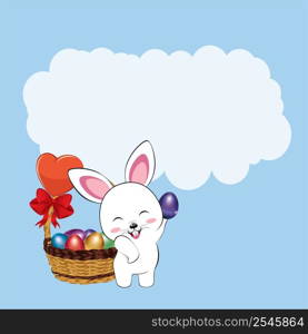 Cute cartoon white bunny, rabbit with colorful Easter eggs greeting card illustration.