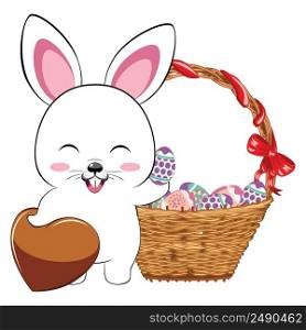 Cute cartoon white bunny, rabbit with colorful Easter eggs illustration.