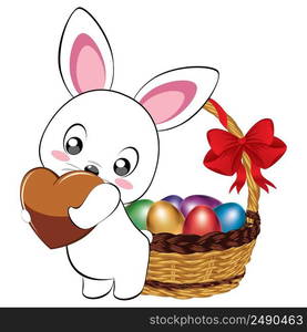 Cute cartoon white bunny, rabbit with colorful Easter eggs illustration.