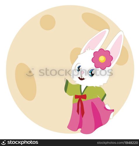 Cute cartoon white bunny wears traditional female Korean costume Hanbok for Chuseok, Mid Autumn Festival.