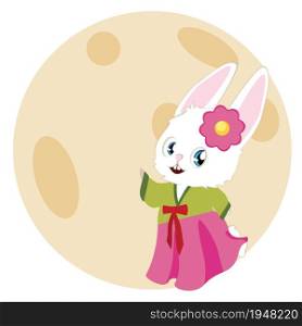 Cute cartoon white bunny wears traditional female Korean costume Hanbok for Chuseok, Mid Autumn Festival.