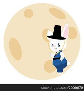 Cute cartoon white bunny wears traditional Korean costume Hanbok for Chuseok, Mid Autumn Festival.