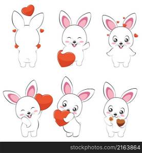 Cute cartoon white bunny with heart collection, valentine illustration.