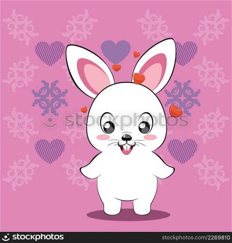 Cute cartoon white bunny with heart, greeting card illustration.