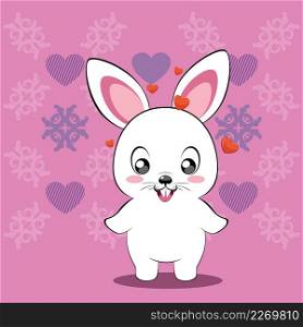 Cute cartoon white bunny with heart, greeting card illustration.