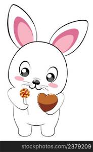 Cute cartoon white bunny with heart, Valentine illustration.