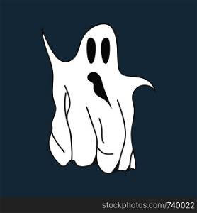 Cute Cartoon White Ghost isolated on dark background. Vector Illustration for your Design, Game,Card.