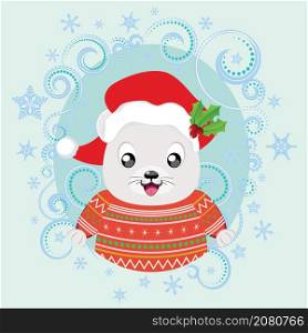 Cute cartoon white polar bear in knitted winter clothing and Santa hat illustration.