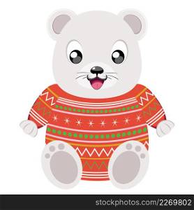 Cute cartoon white polar bear in knitted winter clothing illustration.