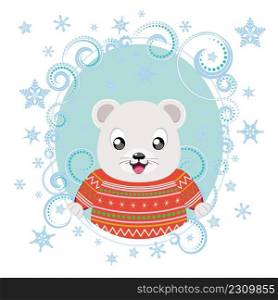 Cute cartoon white polar bear in knitted winter clothing illustration.