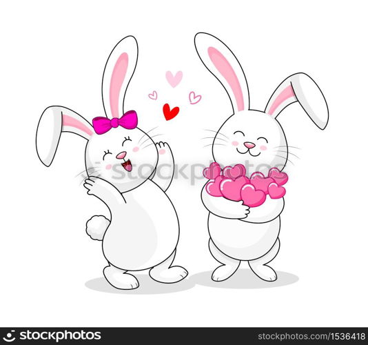 Cute cartoon white rabbits holding love hearts. Happy Valentine&rsquo;s day. Cartoon character design. Illustration isolated on white background.