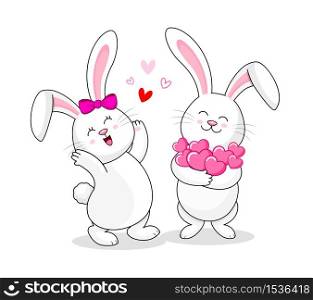 Cute cartoon white rabbits holding love hearts. Happy Valentine&rsquo;s day. Cartoon character design. Illustration isolated on white background.
