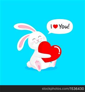 Cute cartoon white rabbits holding love hearts. Happy Valentine&rsquo;s day. Cartoon character design. Vector illustration isolated on blue background.