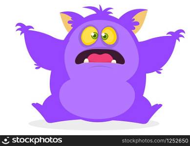 Cute cartoon yeti or bigfoot waving hands. Vector illustration of purple hairy monster. Halloween design. Funny cartoon monster character