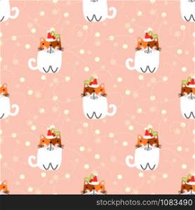 Cute cat and Christmas seamless pattern. Cute animal in Christmas theme.