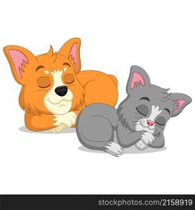 Cute cat and corgi dog cartoon sleeping