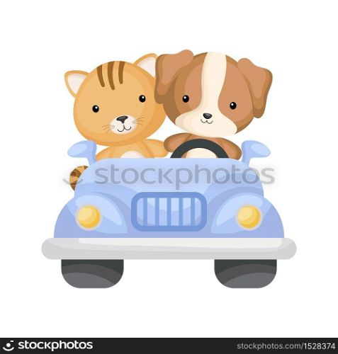 Cute cat and dog driver on car. Graphic element for childrens book, album, scrapbook, postcard or mobile game. Flat vector illustration isolated on white background.