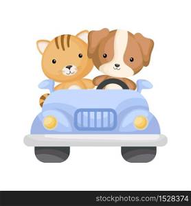 Cute cat and dog driver on car. Graphic element for childrens book, album, scrapbook, postcard or mobile game. Flat vector illustration isolated on white background.