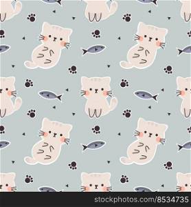 Cute Cat and Fish Seamless Pattern