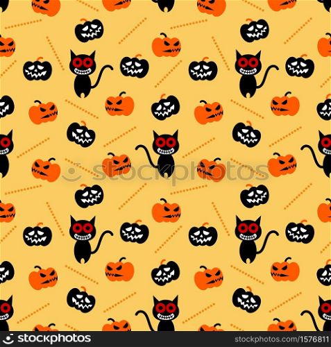 Cute cat and Halloween pumpkin seamless pattern. Cute Halloween concept.