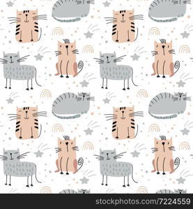 Cute cat and stars seamless vector baby pattern on isolated white scandinavian background. For children fabric, cloth, backdrop, wallpaper. Printable format.. Cute cat and stars seamless vector baby pattern on isolated white scandinavian background. For children fabric, cloth, backdrop, wallpaper. Printable format