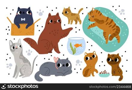 Cute cat breeds. Different funny pets characters. Comic cartoon kitties playing with box and aquarium. Various wool colors. Kittens sleeping or feeding. Mammals poses. Vector domestic animals set. Cute cat breeds. Different funny pets characters. Cartoon kitties playing with box and aquarium. Various wool colors. Kittens sleeping or feeding. Mammals poses. Vector animals set