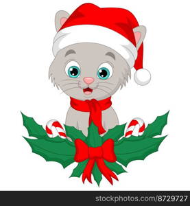 Cute cat cartoon wearing santa hat