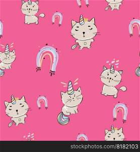 Cute Cat Caticorn or Kitten Unicorn vector seamless pattern. Kawaii Cat Unicorn with lollipop. Isolated vector illustration for kids design prints, posters, t-shirts, stickers. Cute Cat Caticorn or Kitten Unicorn vector seamless pattern. Kawaii Cat Unicorn with lollipop. Isolated vector illustration for kids design prints, posters, t-shirts, stickers,