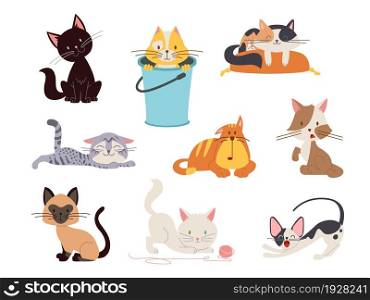 Cute cat characters. Drawing cats, isolated lovely pets. Cartoon flat kitten play and sleep. Animal stickers, funny emotional classy vector character. Illustration of cat characters, funny kitten. Cute cat characters. Drawing cats, isolated lovely pets. Cartoon flat kitten play and sleep. Animal stickers, simple funny emotional classy vector character