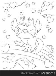 Cute cat cupid bites a love letter. Coloring book page for kids. Valentine’s Day. Cartoon style character. Vector illustration isolated on white background.