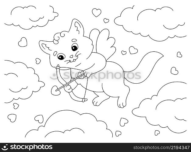 Cute cat cupid. Coloring book page for kids. Cartoon style character. Vector illustration isolated on white background. Valentine&rsquo;s Day.