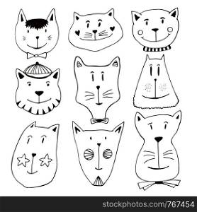 Cute cat doodle sketch line icons set. Hand drawn characters for poster, placard, t-shirt design. Cute cat doodle sketch line icons set. Hand drawn characters for poster, placard, t-shirt design.