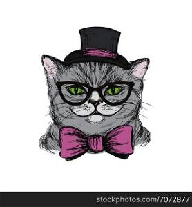 Cute cat dressed in a hat, tie and glasses, Hand drawn T-shirt design or greeting card,vector illustration.. Cute cat dressed in a hat, tie and glasses