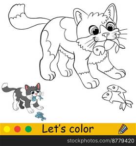 Cute cat eats a fish. Coloring book page with color template for children. Vector cartoon illustration isolated on white background. For coloring book, education, print, game.. Cute cat eats a fish coloring with template