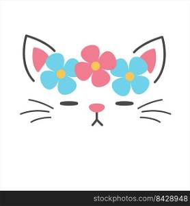Cute cat face vector Decorate the head with colorful flowers. Isolated on background.