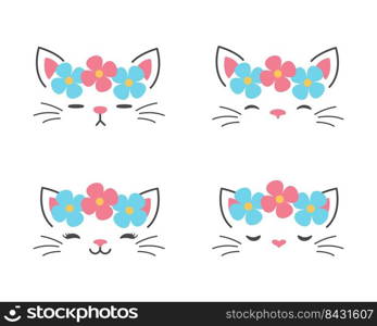 Cute cat face vector Decorate the head with colorful flowers. Isolated on background.