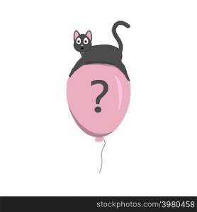Cute cat flying on a balloon. Pensive cat symbolizes a lot of questions.