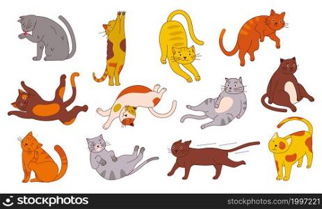 Cute cat. Hand drawn doodle funny home pet stretching and lying, sitting and itching, simple sketch of purebred cats in different poses. Domestic adorable kittens. Vector home animal character set. Cute cat. Hand drawn doodle funny home pet stretching and lying, sitting and itching, simple sketch of purebred cats in different poses. Domestic kittens. Vector home animal character set
