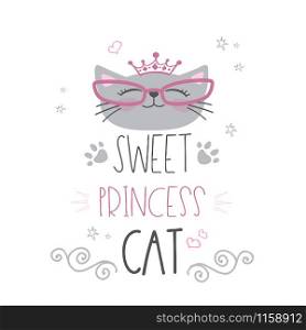 Cute cat head with crown and lettering -sweet princess cat,vector illustration. Cute cat head with crown and lettering -sweet princess cat