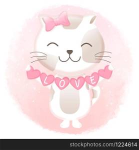 Cute cat holding heart hand drawn cartoon illustration on pink watercolor background