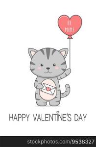 Cute Cat Holding Love Letter And Balloon Valentines Day