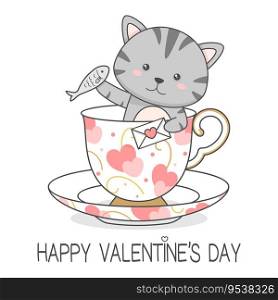 Cute Cat Holding Love Letter And Fish Valentines Day