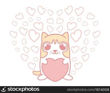 Cute cat holding pink heart with group of small hearts isolated on background. Love concept for valentine.