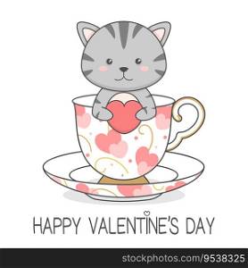 Cute Cat In A Cup Holding Heart Valentines Day