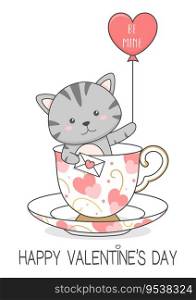 Cute Cat In A Cup Holding Love Letter And Balloon Valentines Day