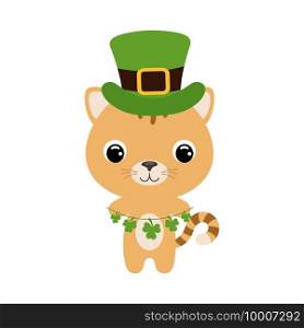 Cute cat in green leprechaun hat. Cartoon sweet animal with clovers. Vector St. Patrick’s Day illustration on white background. Irish holiday folklore theme.