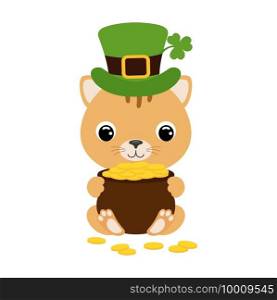 Cute cat in green leprechaun hat with clover holds bowler with gold coins. Cartoon sweet animal. Vector St. Patrick’s Day illustration on white background. Irish holiday folklore theme.