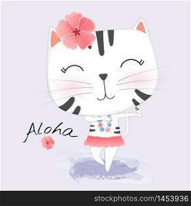 Cute Cat in Hawaiian clothes dances Hula. Wreath and garland of flowers