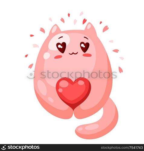 Cute cat in love with heart. Valentine Day greeting card. Illustration of kawaii character with eyes hearts.. Cute cat in love with heart. Valentine Day greeting card.